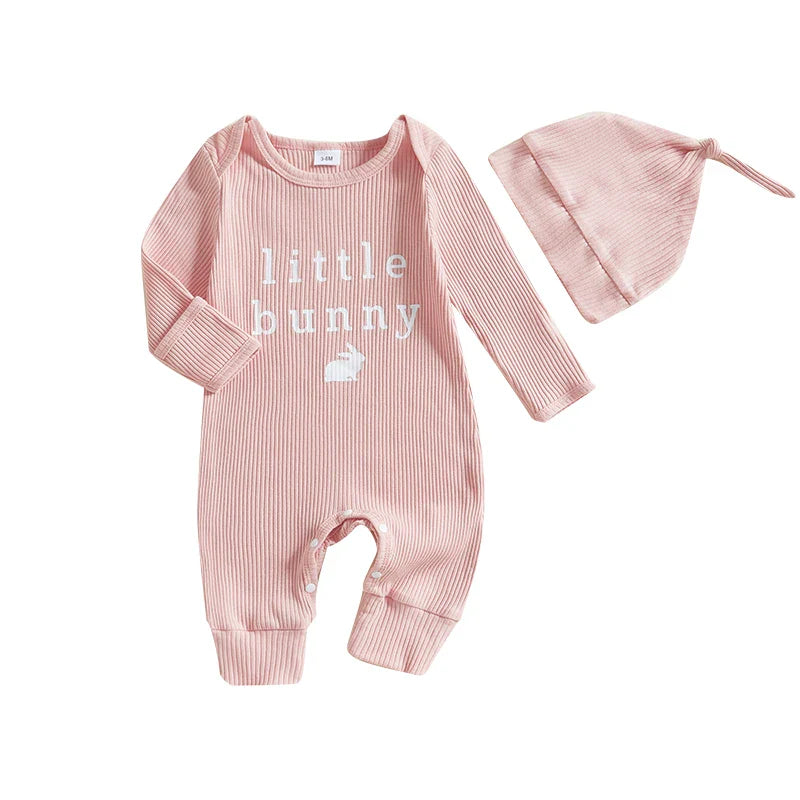 Adorable Easter Bunny Print Romper with Matching Hat for Baby s First Easter Celebration - Long Sleeve Round Neck Jumpsuit Lootquake LLC