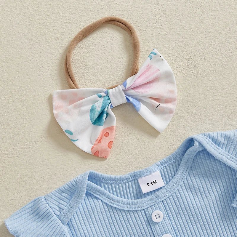 Baby Girls Summer Outfit Short Sleeve Romper with Bunny Eggs Print Flare Pants and Bowknot Headband Easter Outfit Lootquake LLC