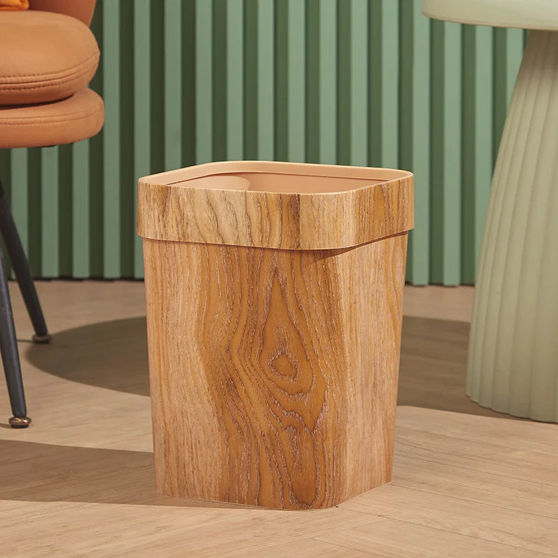 Square Wood Grain Garbage Bin Household Plastic Uncovered Office Bathroom Livingroom Kitchen 12L Dustbin Waste Basket Trash Can Lootquake LLC