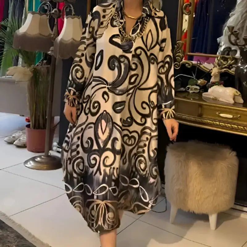 Vintage Fashion Printed V-neck Long Dress Women Spring Long-sleeved Loose Bohemian Dress Autumn Casual A-Line Maxi Dress Vestido