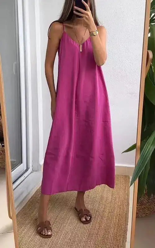 Summer Loose Spaghetti Strap Dresses Women Solid Color V-neck Casual Commuting Sleeveless Long Dress Female Fashion New Vestidos