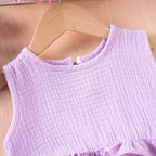 Summer Kids Cotton Casual 2pcs Toddler Girls Solid Color Sleeveless Top + Ruffle Pants Set Comfortable Fashion Hot Sale