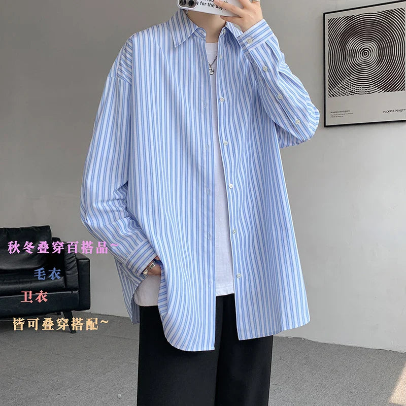 Blue Striped Shirt Men Fashion Society Mens Dress Shirt Korean Loose Long Sleeved Shirt Mens Casual Shirts Large Size 5XL Lootquake LLC