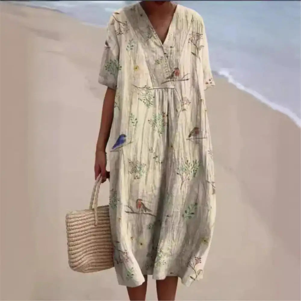 Casual Short Sleeved V-neck Big Swing Dress 2024 New Women's Loose Printed Long Dress Female Retro Flower Print Pullover Dresses