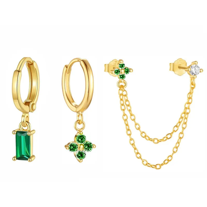 3PCS New Fashion Four Zircon Flower Hoop Earring Set For Women Stainless Steel Double Stud Chain Tassel Huggie Piercing Jewelry Lootquake LLC