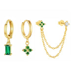 3PCS New Fashion Four Zircon Flower Hoop Earring Set For Women Stainless Steel Double Stud Chain Tassel Huggie Piercing Jewelry Lootquake LLC