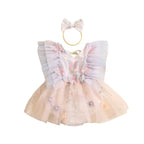 Pudcoco Baby Girl 2Piece Summer Set 3D Butterfly Flower Embroidery Fly Sleeve Mesh Romper Dress 3D Bow Headband Toddler Outfits