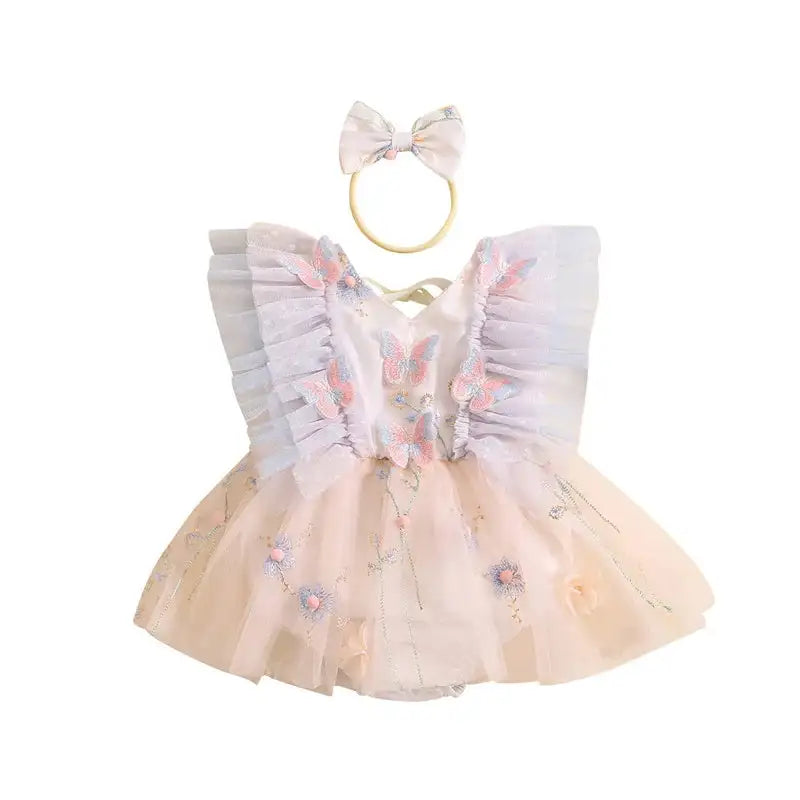 Pudcoco Baby Girl 2Piece Summer Set 3D Butterfly Flower Embroidery Fly Sleeve Mesh Romper Dress 3D Bow Headband Toddler Outfits