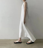 2022 Minimalist Chic Loose Swing Sleeveless Mid-length Casual Cotton Linen Long Dress  Round Neck High Waist Women Runway Dress
