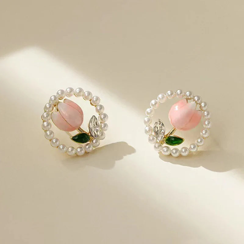 Kiss Jewelry Cute Sweet Flower Round Shape Pearl Rhinestone Stud Earrings for Women Tulip Floral Korean Fashion Earring Gift Lootquake LLC