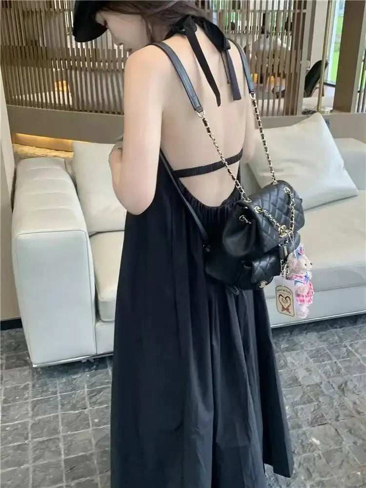 Summer Vacation Dress Thailand Style Open-back Halter Neck Age-reducing Photography Beach Long Dress Belted