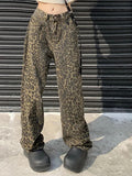 American Washed Leopard Print Wide Leg Jeans for Women Retro Street Distressed New Harajuku Style Hottie Baggy Y2K Casual Pants Lootquake LLC