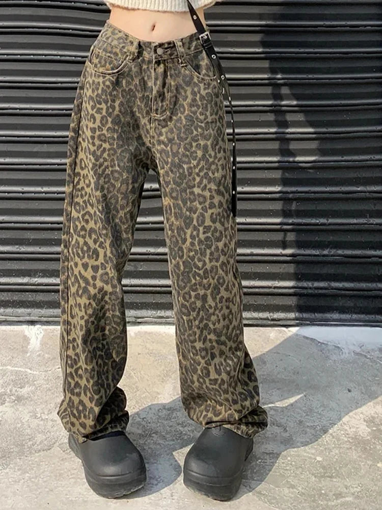 American Washed Leopard Print Wide Leg Jeans for Women Retro Street Distressed New Harajuku Style Hottie Baggy Y2K Casual Pants Lootquake LLC