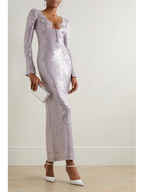 BEVENCCEL Sexy Luxury Sequins Deep V Long Sleeve Backless Sequins Long Dress Elegant  Bodycon Maxi Evening Party Clubwear Dress