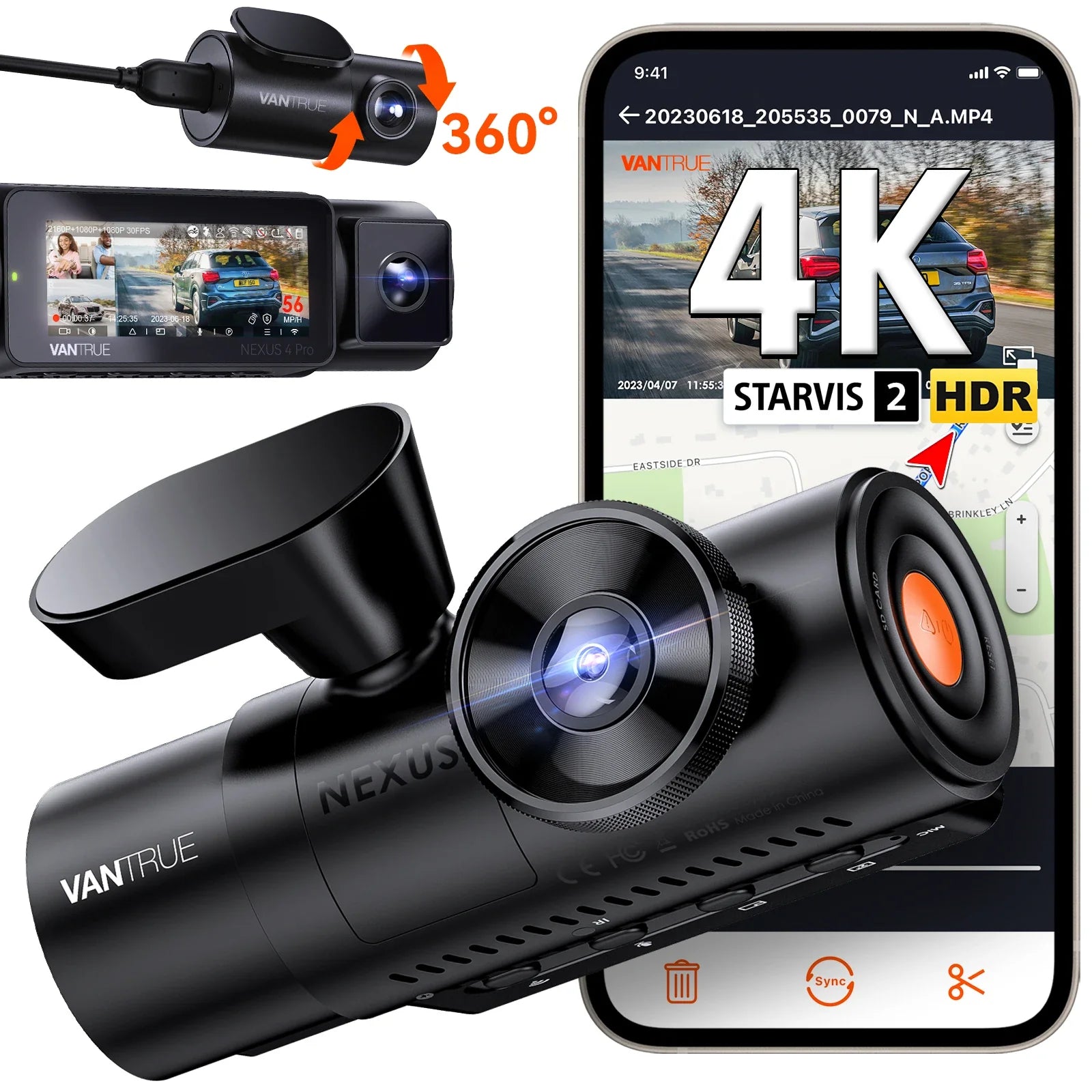 Vantrue N4Pro Dashcam 4K Wi-Fi 3-Channel Dashcam Voice Control IMX678 Night Vision HDR GPS Cam 24h Packing Mode Camera for Car Lootquake LLC
