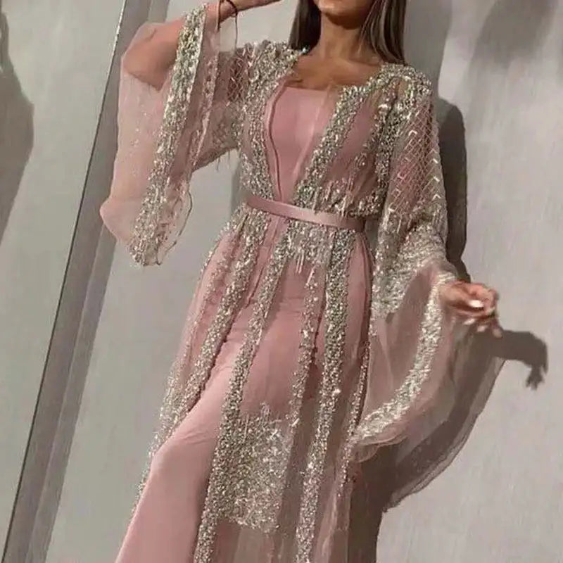 Elegant Women Glitter Flared Long Sleeve Long Dress Vintage French Evening Dress Sexy Ladies Mesh Patchwork Split Party Dresses