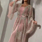 Elegant Women Glitter Flared Long Sleeve Long Dress Vintage French Evening Dress Sexy Ladies Mesh Patchwork Split Party Dresses