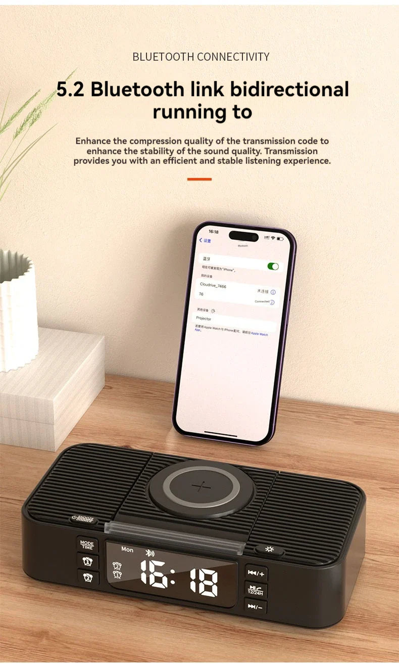 Portable Bluetooth Speaker with Wireless Charging Atmosphere Light Clock Alarm Function Double Speaker USB Charging Lootquake LLC