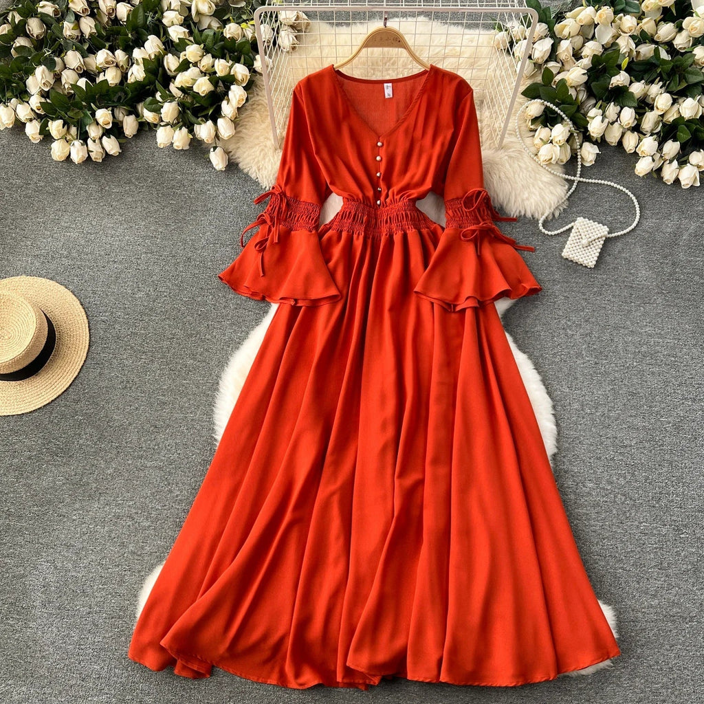 Purple/Green/Red Pleated Maxi Long Dress Women Vintage V-Neck Flare Sleeve Draped Ruffle Vestido Female Maxi Robe Summer Lootquake LLC