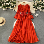Purple/Green/Red Pleated Maxi Long Dress Women Vintage V-Neck Flare Sleeve Draped Ruffle Vestido Female Maxi Robe Summer Lootquake LLC
