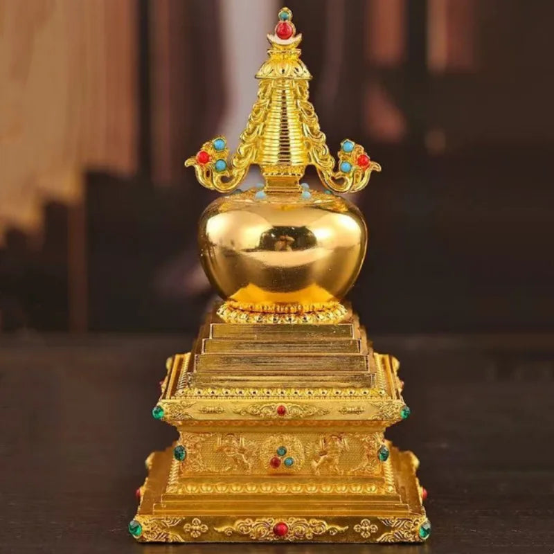 Buddha Statue Pagoda,Engraving Inlaid Gem Tibetan Alloy Double-Layer Tower,Altars Stupa,Buddhist Item Religious Decorative Lootquake LLC