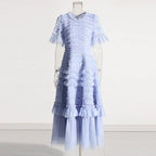 Patchwork Edible Tree Fungus Elegant Dresses For Women Round Neck Short Sleeve High Waist Temperament Dress Female Fashion