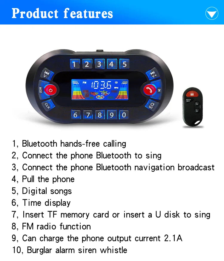 Motorcycle Bluetooth Speaker Amplifier Output 2.1A Music MP3 Player Burglar Alarm Siren USB Stereo Loud Speaker FM Radio MT730 Lootquake LLC