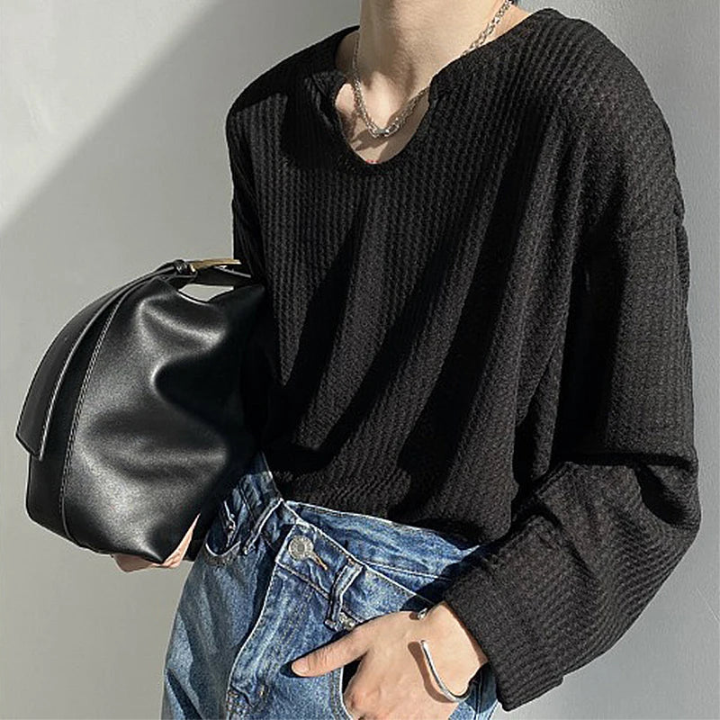 Men's Retro Loose Lazy Stylish Long Sleeve T-Shirt Casual O Neck Solid Exposed Clavicle Tops Breathable Basic Shirt 2025 New Lootquake LLC