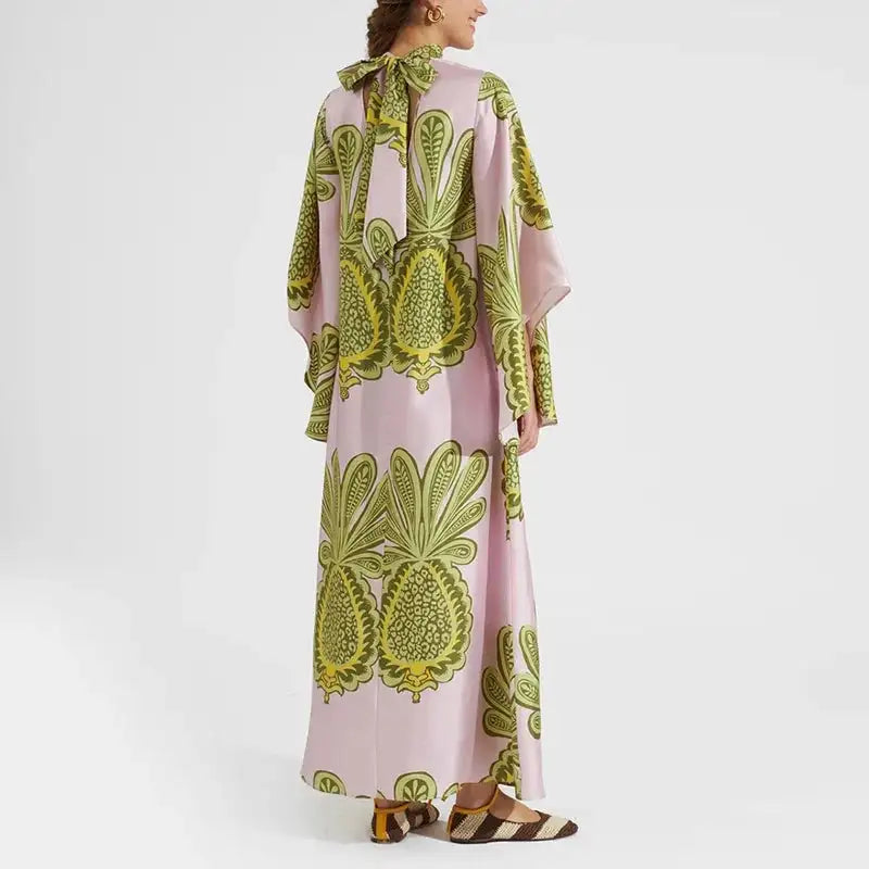 Ethnic Retro Spring Print Boho Long Dress Women Sexy Stand Collar Lace-up Party Dress Fall Long Sleeve Loose Ladies Maxi Dresses