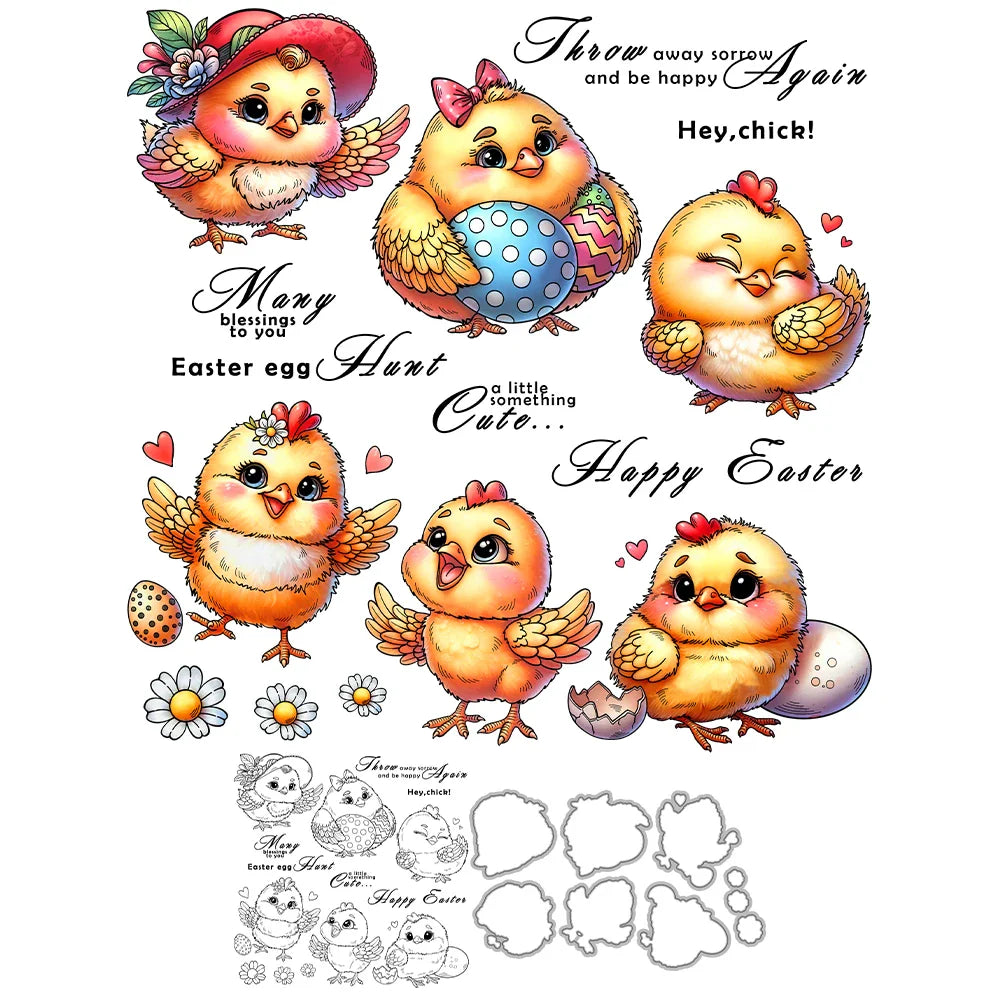 Mangocraft Easter Cartoon Chickens Cutting Dies Clear Stamp DIY Scrapbooking Metal Dies Silicone Stamp For Cards Albums Decor Lootquake LLC
