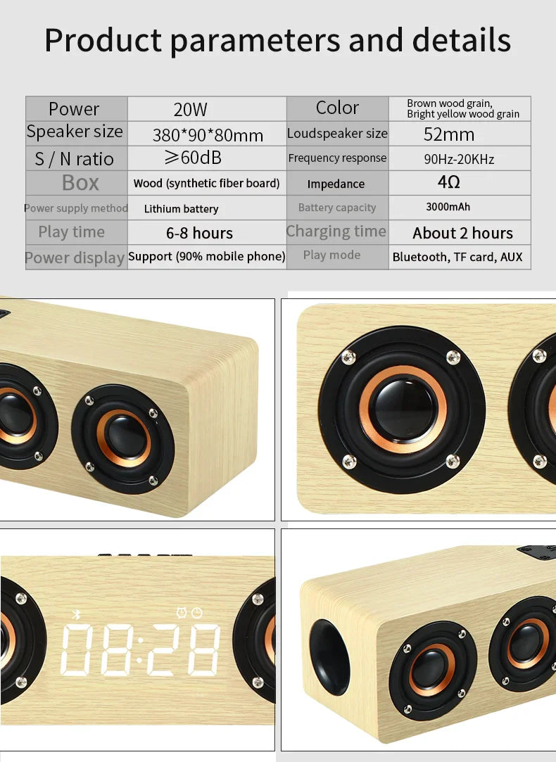 Wooden Bluetooth Speaker Portable Wireless Subwoofer Clock Soundbox Home Computer Echo Wall Soundbar HiFi Stereo TF AUX U Disk Lootquake LLC