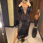 Deep V Dress Lace Up Long Sleeve Women Split Maxi Dress Crochet Knitted Tunic Mesh Sheer Sexy Bodycon Long Dress Vestido V4146B