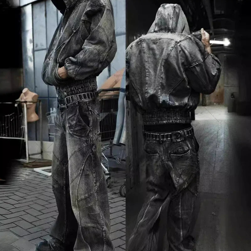 PFNW Spliced Design Washed Denim Jeans Men's Streetwear Fashion Straight Leg Denim Pants Hip Hop Trendy Trousers Spring 28W4634 Lootquake LLC