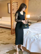 Gentle Temperament Slim Fit Dress with Women's Sleeves Square Neckline Pleated Solid Color Slimming Effect Medium Length Skirt