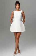 Mozision Pearl Bow Backless Sexy Mini Dress For Women Robe Fashion Zipper Sleeveless High Waist A-line Club Party Dress Elegant