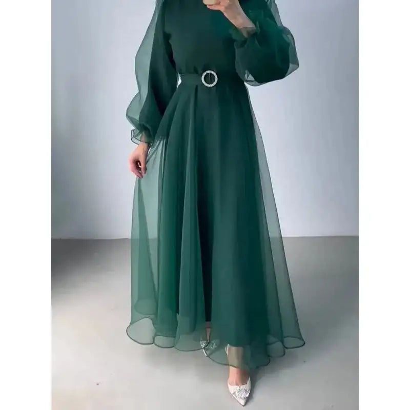 Spring Elegant Mesh Dress Muslim Women Fashion Solid High Waist Mesh Lantern Sleeves Long Dress Women