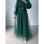 Spring Elegant Mesh Dress Muslim Women Fashion Solid High Waist Mesh Lantern Sleeves Long Dress Women