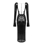 BEVENCCEL Sexy Luxury Sequins Deep V Long Sleeve Backless Sequins Long Dress Elegant  Bodycon Maxi Evening Party Clubwear Dress