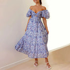 Summer V Neck Cutout Floral Print Dresses Elegant Women Puff Short Sleeve Casual Dress Pleated Waisted Swing Beach Long Dress