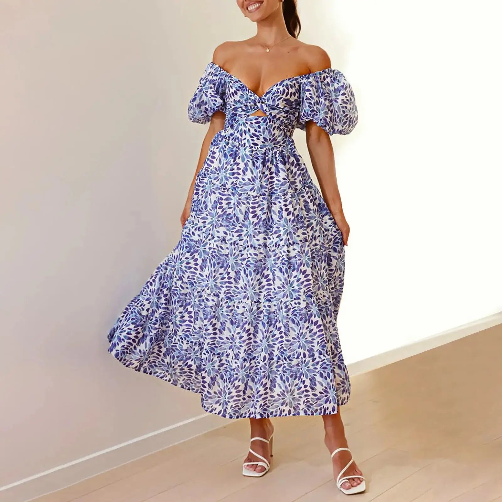 Summer V Neck Cutout Floral Print Dresses Elegant Women Puff Short Sleeve Casual Dress Pleated Waisted Swing Beach Long Dress