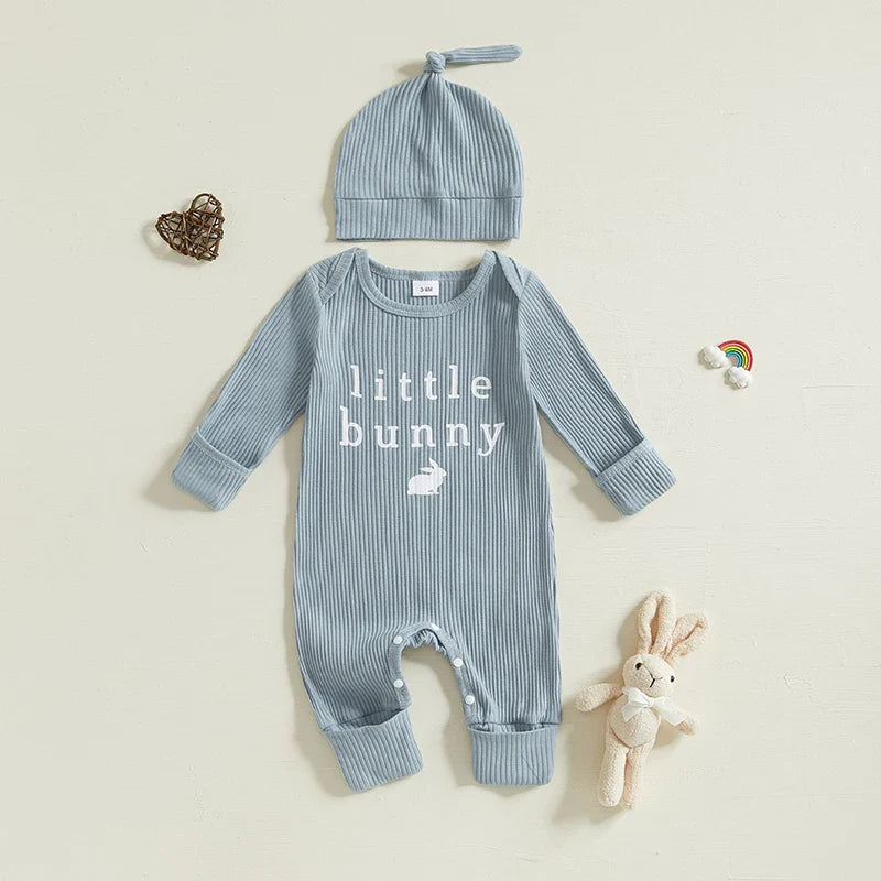 Adorable Easter Bunny Print Romper with Matching Hat for Baby s First Easter Celebration - Long Sleeve Round Neck Jumpsuit Lootquake LLC