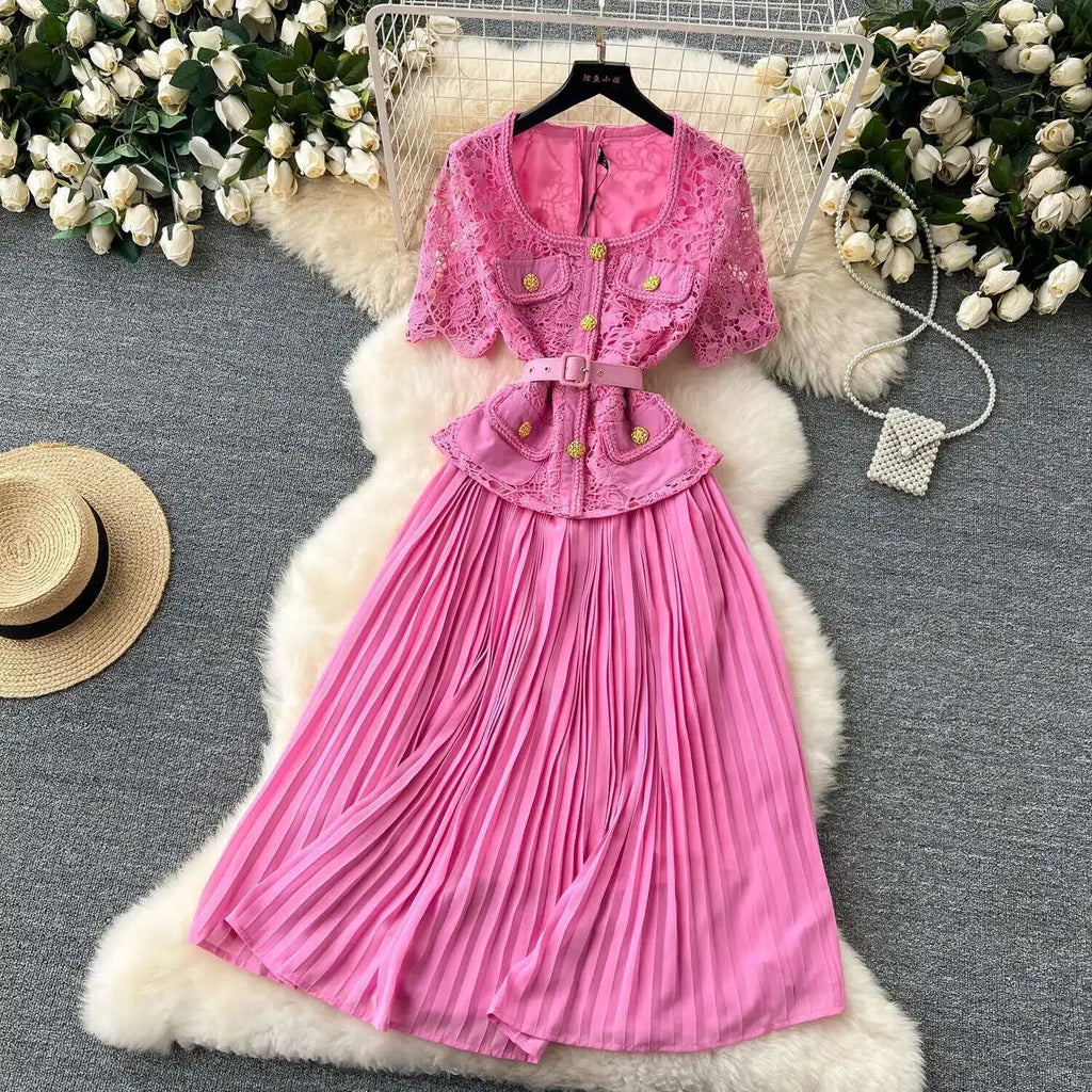 Designer 2025 Summer Pleated Chiffon Lace Long Dress Women Flower Embroidery Gold Button Belt Evening Party Dresses Wedding Robe Lootquake LLC