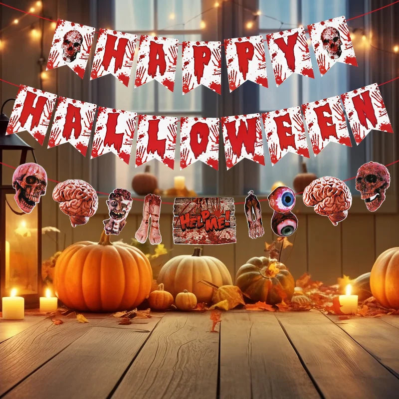 Halloween Blood Banner Paper Garland Scary Eyeball Skull Spiral Hanging Flag Halloween Party Decoration Home Haunted House Decor Lootquake LLC