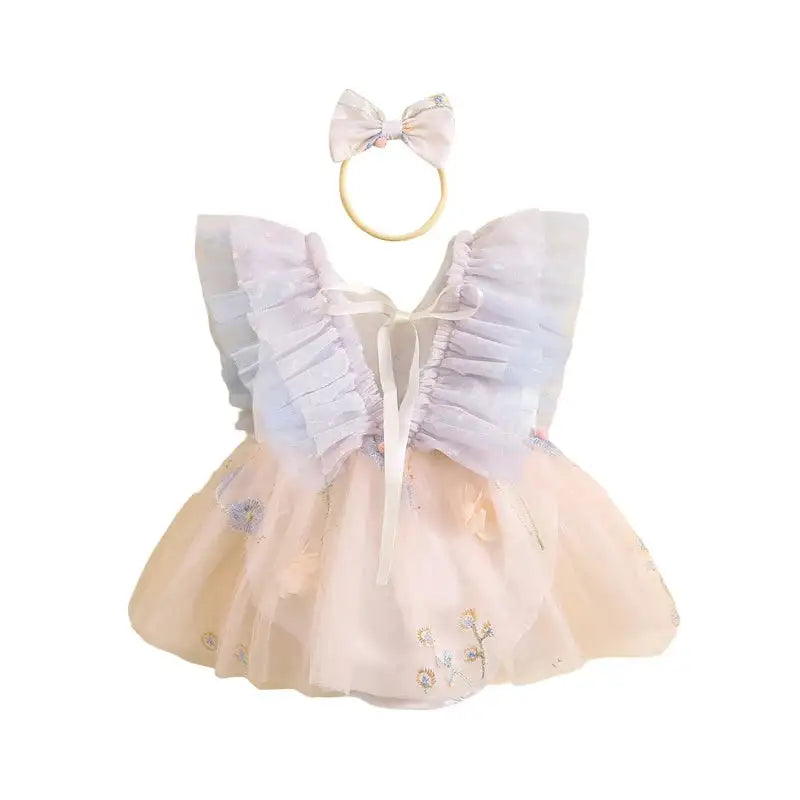Pudcoco Baby Girl 2Piece Summer Set 3D Butterfly Flower Embroidery Fly Sleeve Mesh Romper Dress 3D Bow Headband Toddler Outfits