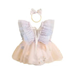Pudcoco Baby Girl 2Piece Summer Set 3D Butterfly Flower Embroidery Fly Sleeve Mesh Romper Dress 3D Bow Headband Toddler Outfits