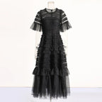 Patchwork Edible Tree Fungus Elegant Dresses For Women Round Neck Short Sleeve High Waist Temperament Dress Female Fashion