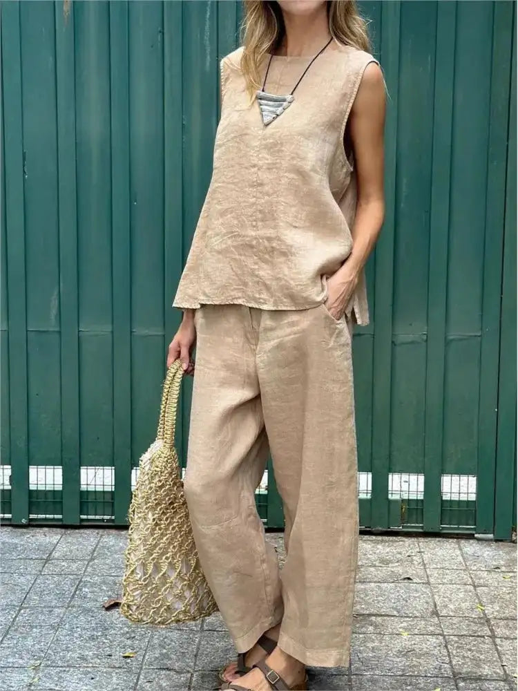 Summer Cotton And Linen Casual Outfits Female Fashion Solid Color Two-piece Set For Women Sleeveless Top Trousers Women's Suit Lootquake LLC