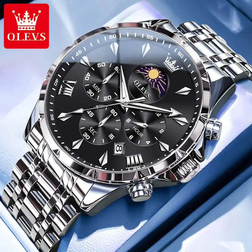 OLEVS 3653 Men Watch Luxury Brand Quartz Watch Multi functional Automatic Date Timer Watch Waterproof Luminous Moonphase Watch