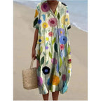 Casual Short Sleeved V-neck Big Swing Dress 2024 New Women's Loose Printed Long Dress Female Retro Flower Print Pullover Dresses