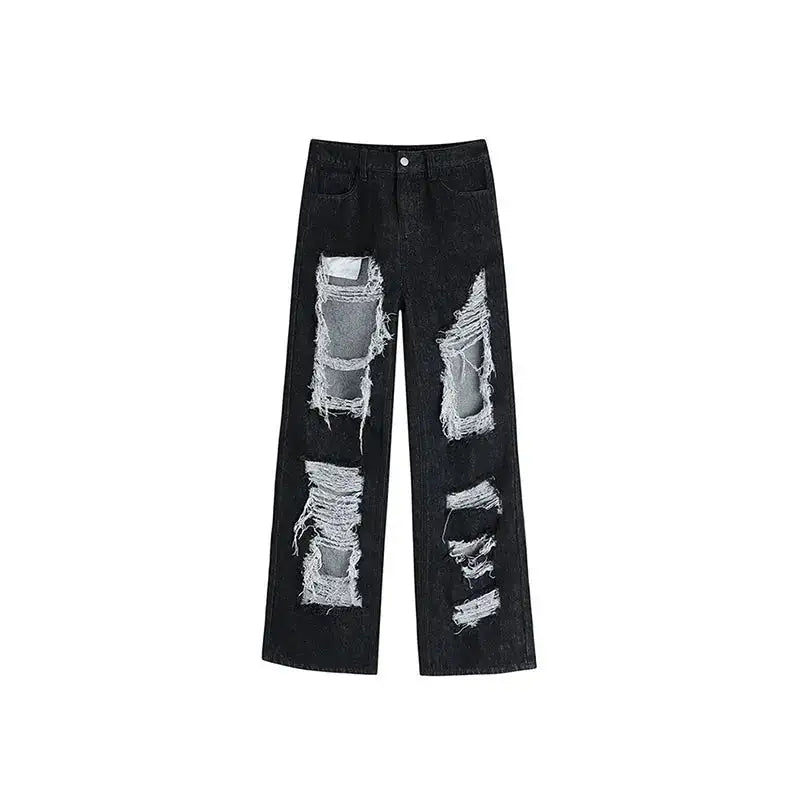 Women's Gothic Black Jeans High Waist Vintage Korean Fashion Y2k Streetwear Ripped Pants Harajuku Casual Wide Leg Denim Trousers